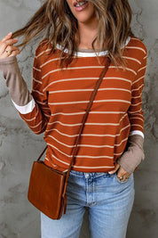 Women's Striped Rib Knit Pullover with Color Block Cuffs