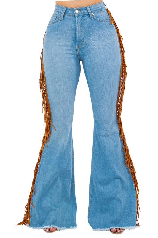 Women's High Rise Fringe Bell Bottom Jeans in Light Blue