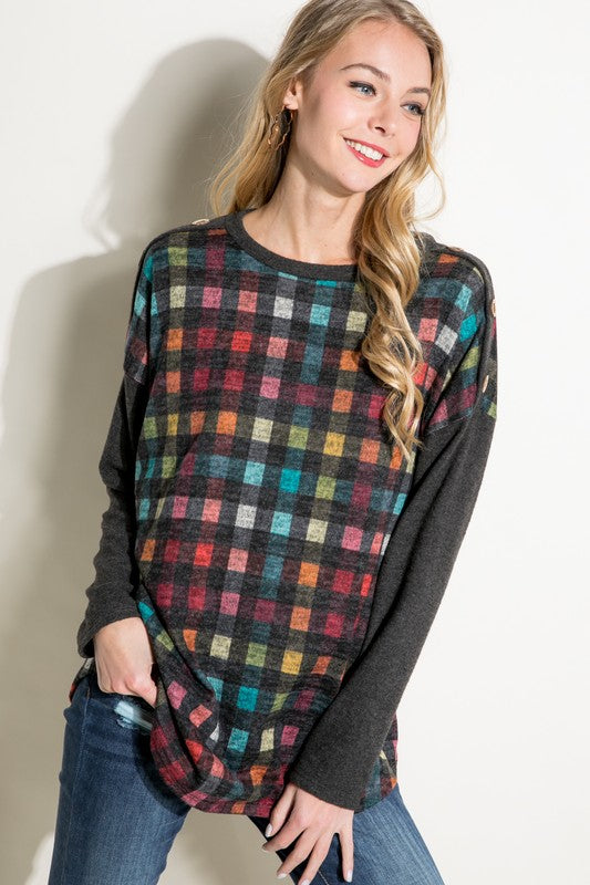 Women's Loose Fit Plaid Mixed Long Sleeve Top