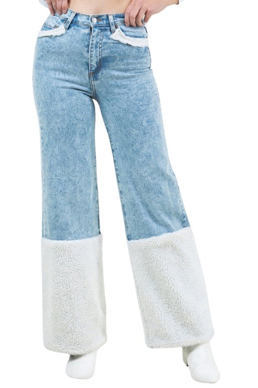 Women's High Rise Wide Leg Jeans with Sherpa Details