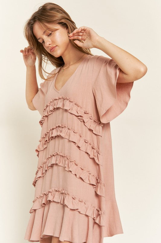 Women's Tiered Ruffle Mini Dress with Flare Sleeves