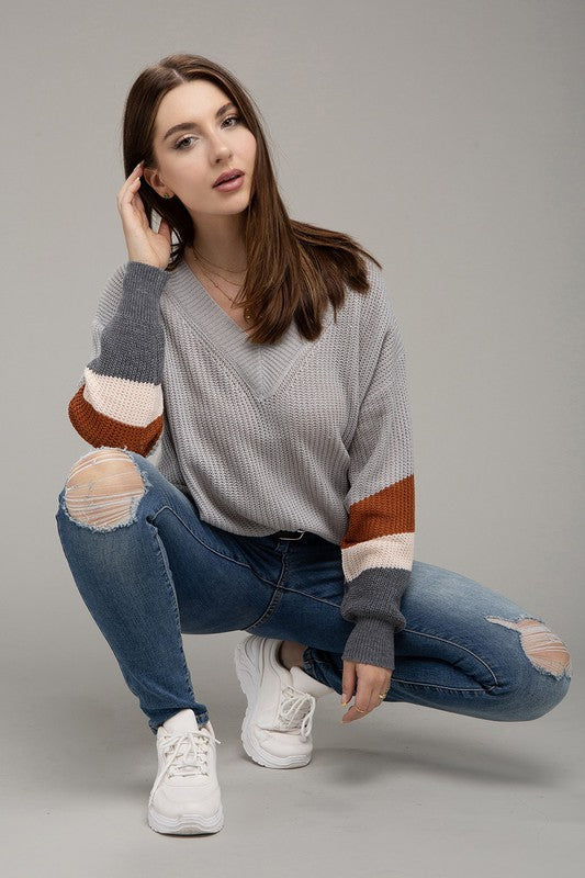 Women's Color Block V-Neck Dropped Shoulder Sweater