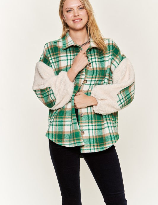 Women's Multi Plaid Teddy Sleeve Jacket