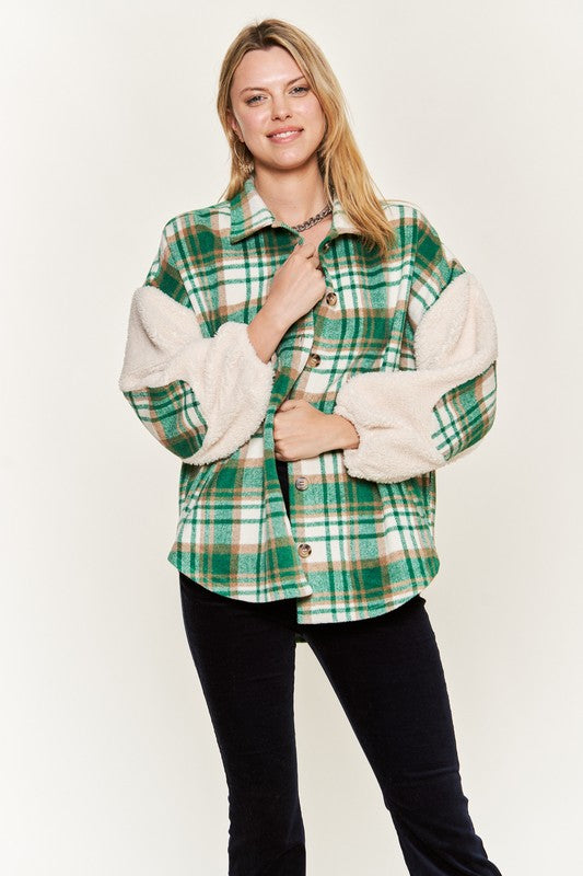 Women's Multi Plaid Teddy Sleeve Jacket