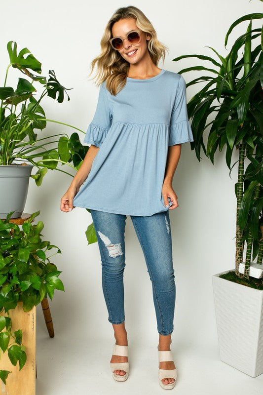 Women's Solid Ruffle Sleeve Loose Fit Top