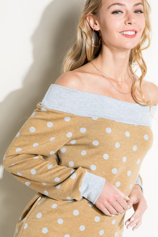 Plus Size Off Shoulder Polka Dot Long Sleeve Top