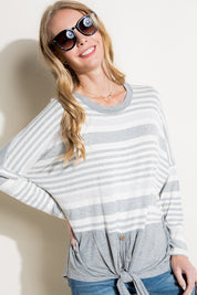 Women's Loose Fit Stripe and Solid Long Sleeve Top