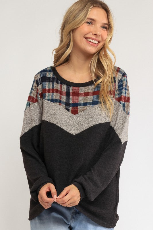 Women's Loose Fit Plaid Color Block Top