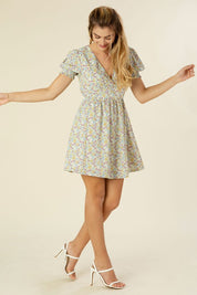 Women's Floral V Neck Puff Sleeve Dress