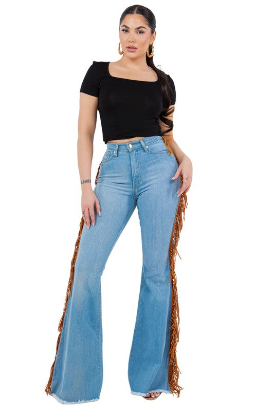 Women's High Rise Fringe Bell Bottom Jeans in Light Blue