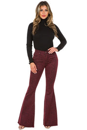 Women's Burgundy Leopard Print Bell Bottom Jeans