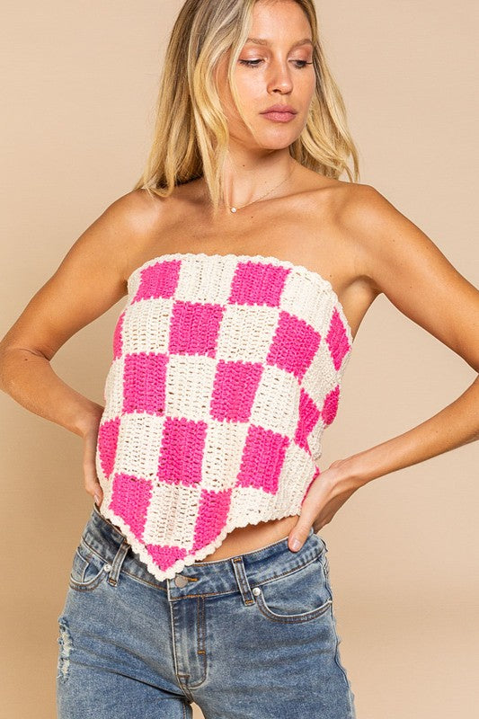 Women's Fitted Checkerboard Tube Top Sweater