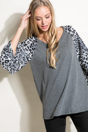 Plus Size Casual V-Neck Cheetah Mixed Blouse Top