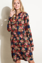 Women's Relaxed Fit Floral and Plaid Print Mini Dress