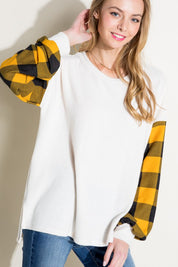 Women's Casual Long Sleeve Solid and Plaid Mixed Top