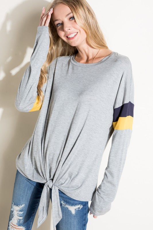 Women's Casual Color Block Front Tie Long Sleeve Top