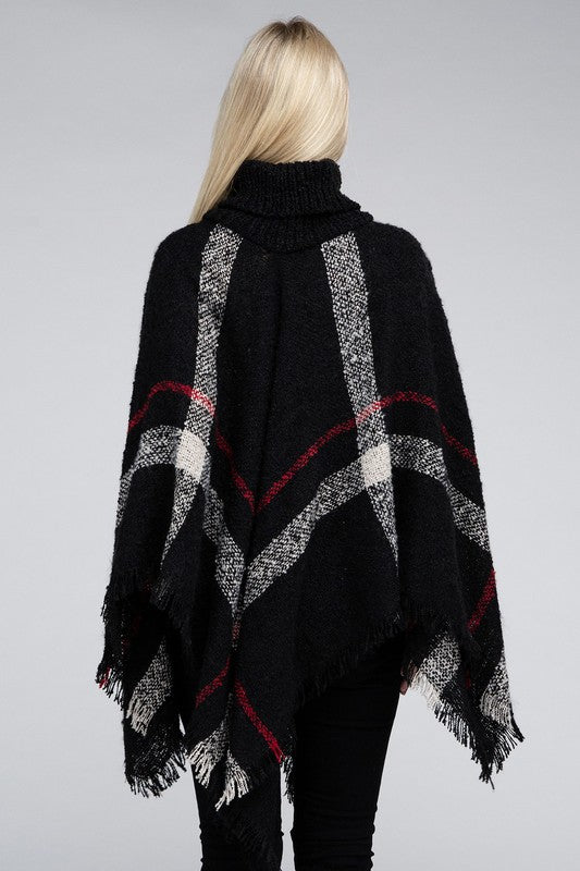 Women's Stretch Plaid Turtleneck Knit Poncho