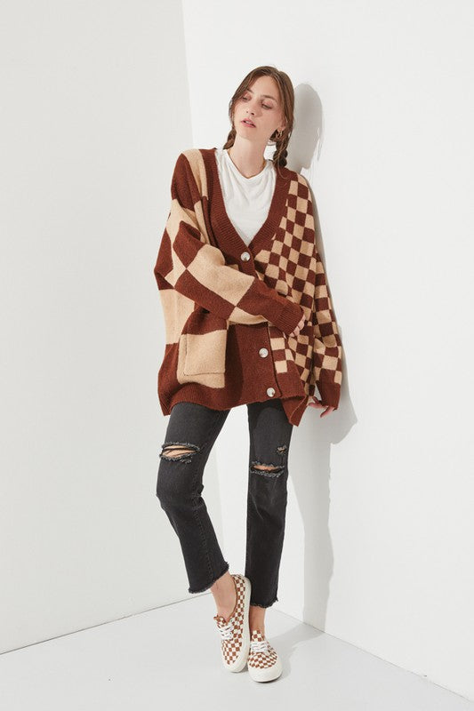 Women's Checkered Oversized Sweater with Button Closure