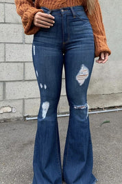 Women's High Rise Bell Bottom Jeans with Ripped Detail