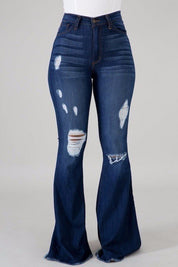 Women's High Rise Bell Bottom Jeans with Ripped Detail