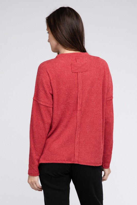 Women's Oversized Ribbed Melange Hacci Sweater with Pocket