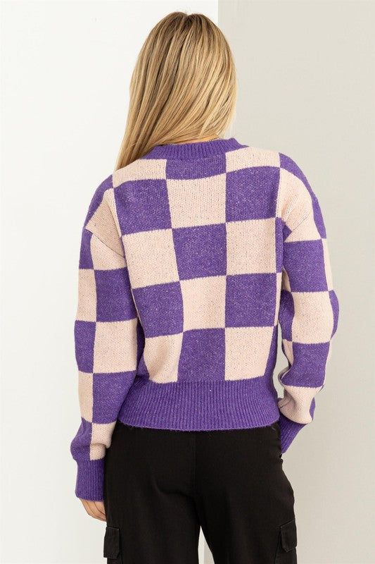 Women's Relaxed Fit Checkered Long Sleeve Sweater