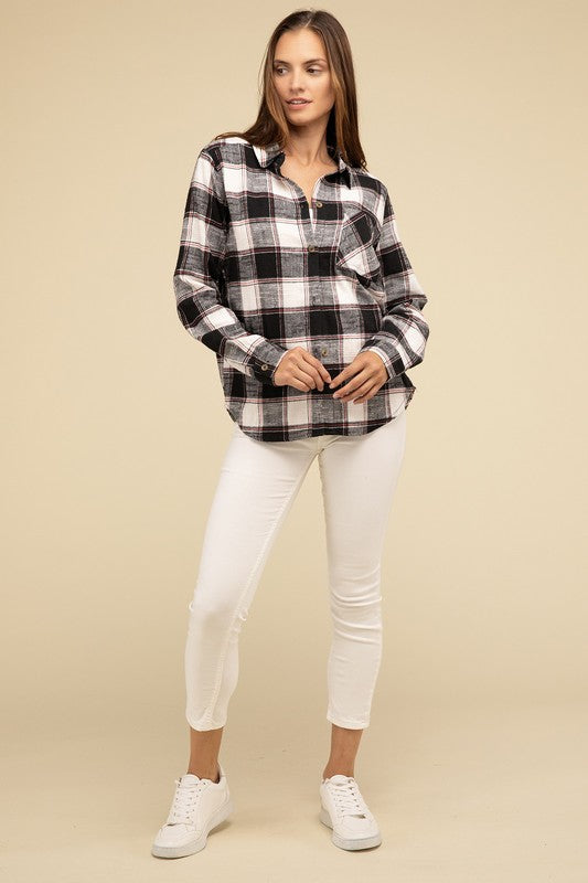 Cotton Plaid Shacket With Front Pocket