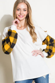 Women's Casual Long Sleeve Solid and Plaid Mixed Top