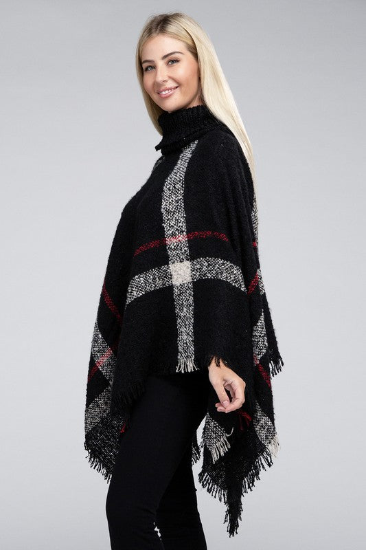 Women's Stretch Plaid Turtleneck Knit Poncho