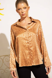 Women's Satin Leopard Print Button Down Top