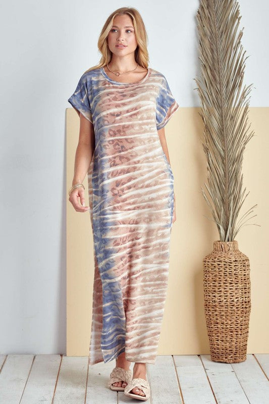 Women's Tie Dye Animal Print Maxi Dress with Side Slits