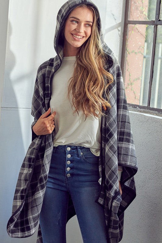 Women's Casual Plaid Toggle Cloak Poncho