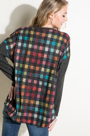 Women's Loose Fit Plaid Mixed Long Sleeve Top