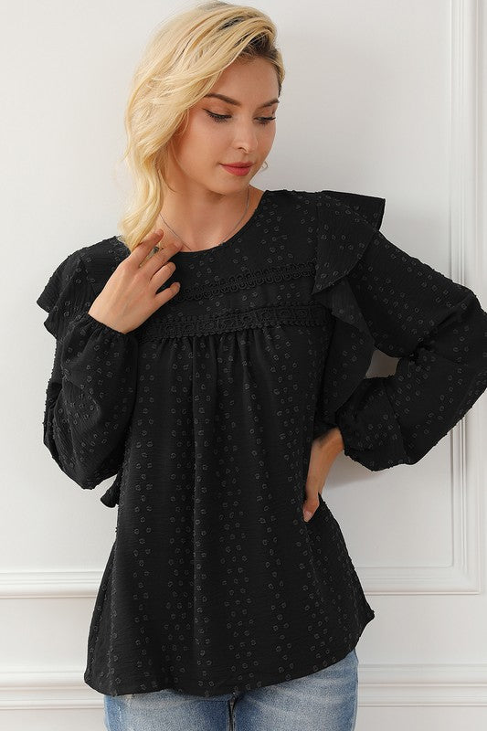 Women's Ruffle Shoulder Eyelet Long Sleeve Blouse