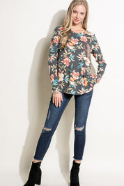 Women's Floral Sequence Pocket Round Neck Plus Top