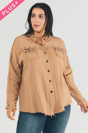 Plus Size Oversized Distressed Hem Button-Down Shirt