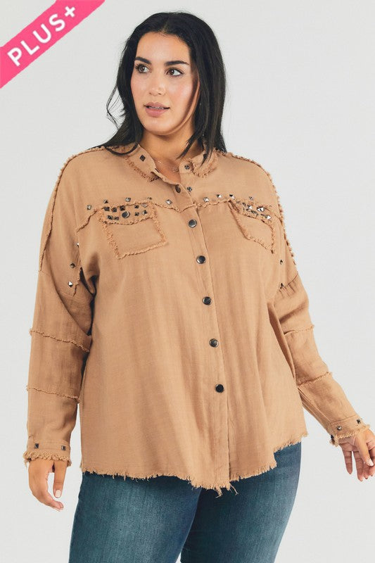 Plus Size Oversized Distressed Hem Button-Down Shirt