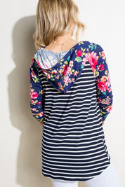 Women's Casual Stripe Floral Mix Hoodie Top