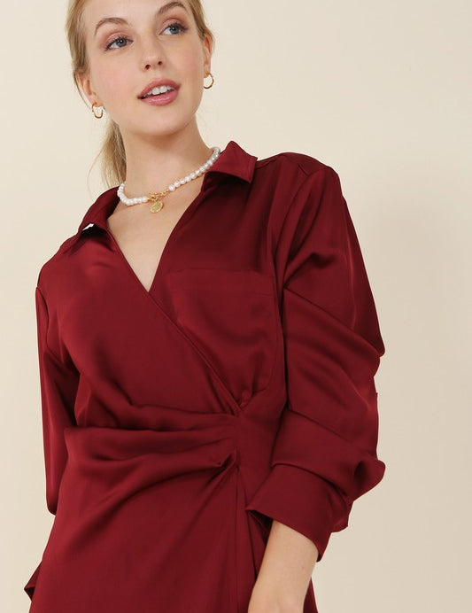 Women's Satin Collared Wrap Mini Dress in Wine and Sage