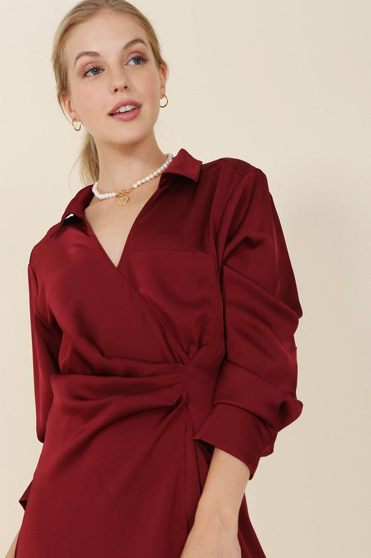 Women's Satin Collared Wrap Mini Dress in Wine and Sage