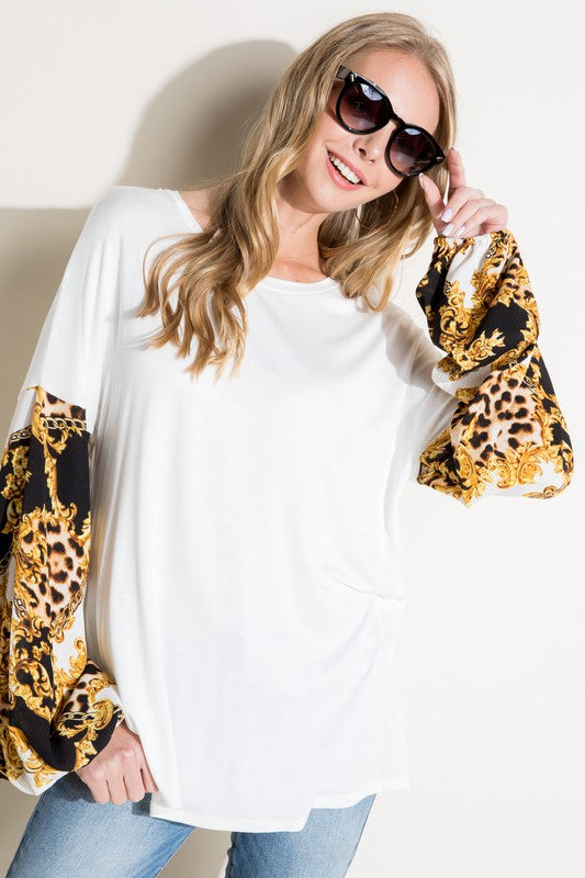 Women's Loose Fit Chain Print and Solid Long Sleeve Top