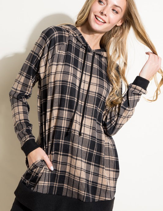 Women's Casual Plaid Mixed Hoodie Sweatshirt