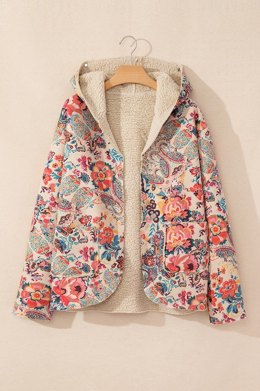 Women's Hooded Floral Sherpa Lined Jacket