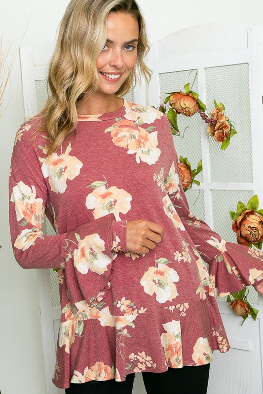 Women's Casual Floral Print Ruffle Tunic Top