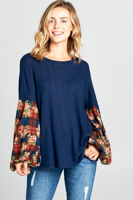 Women's Casual Floral Plaid Volume Sleeve Top