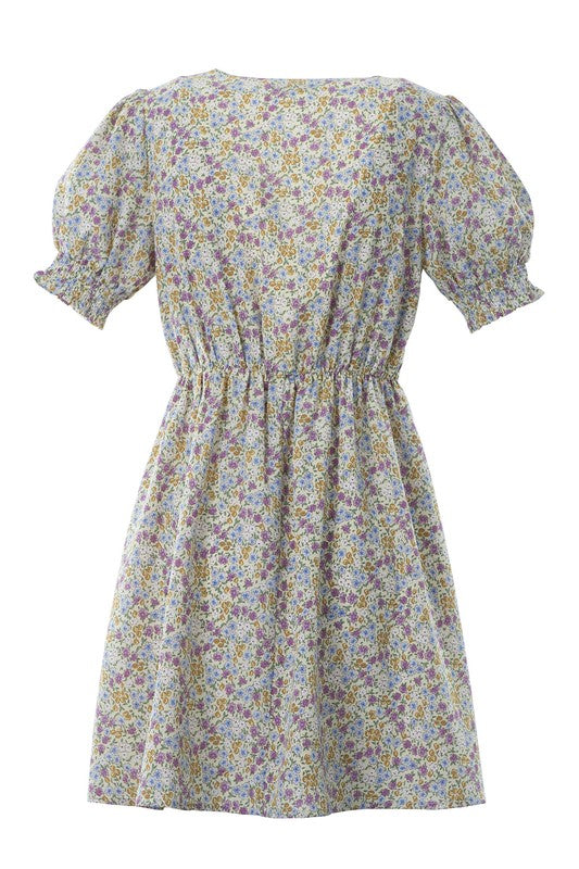 Women's Floral V Neck Puff Sleeve Dress