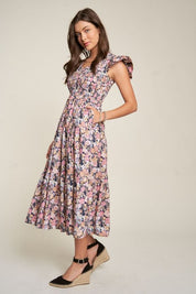 Women's Vintage Floral Flutter Smocking Midi Dress