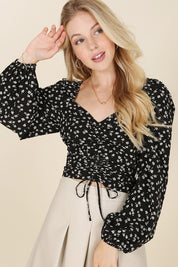 Women's Ruched Floral Print Puff Sleeve Crop Top