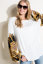 Women's Loose Fit Chain Print and Solid Long Sleeve Top