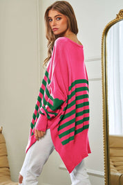 Women's Loose Fit Multi-Striped Elbow Patch Sweater Top